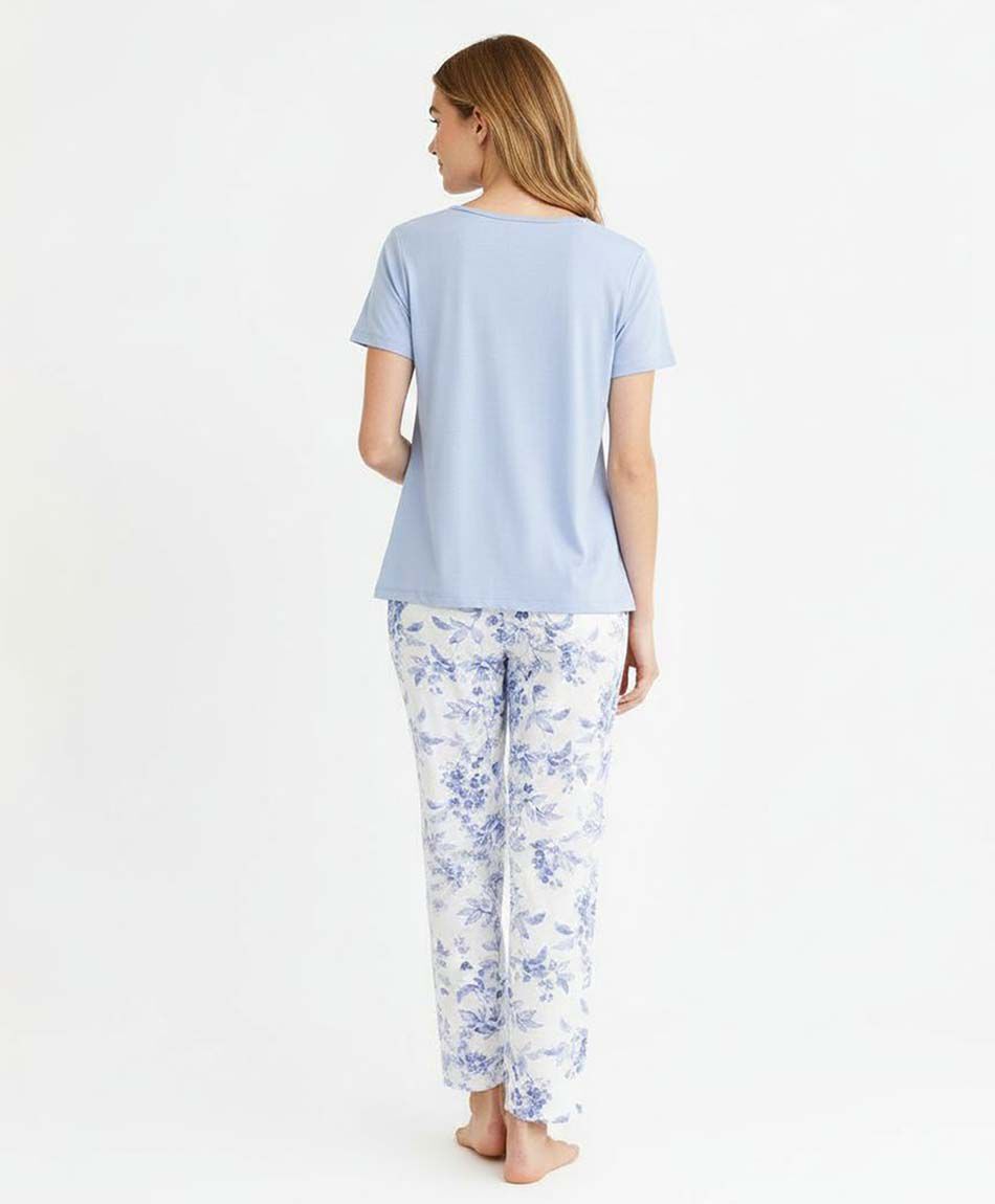Pijama mujer pantal&oacute;n floreado azul
