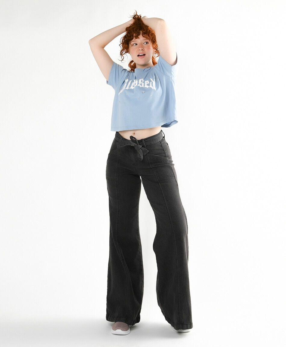 Jeans mujer wide leg costuras negro