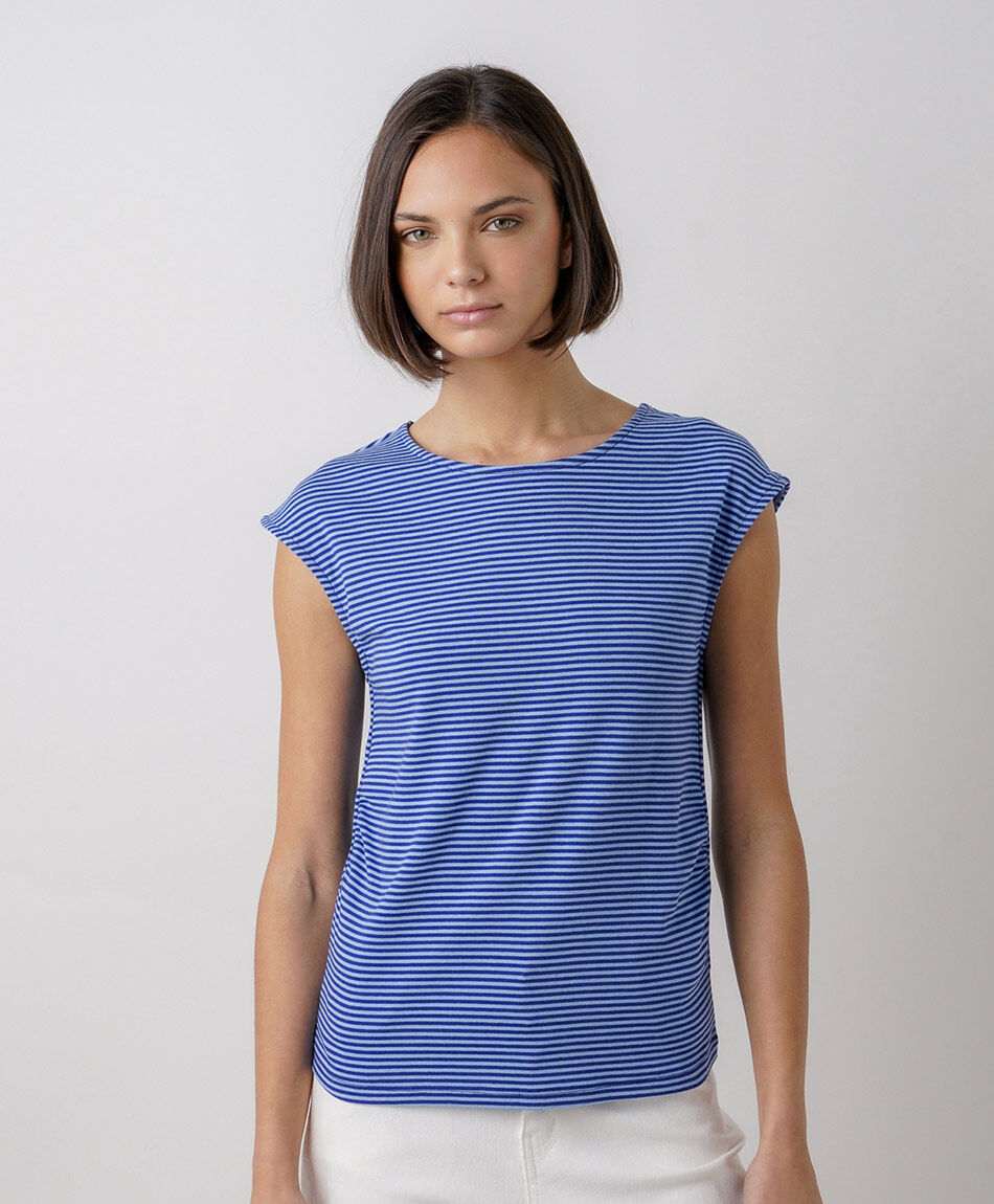 Remera mujer listada manga mini azul