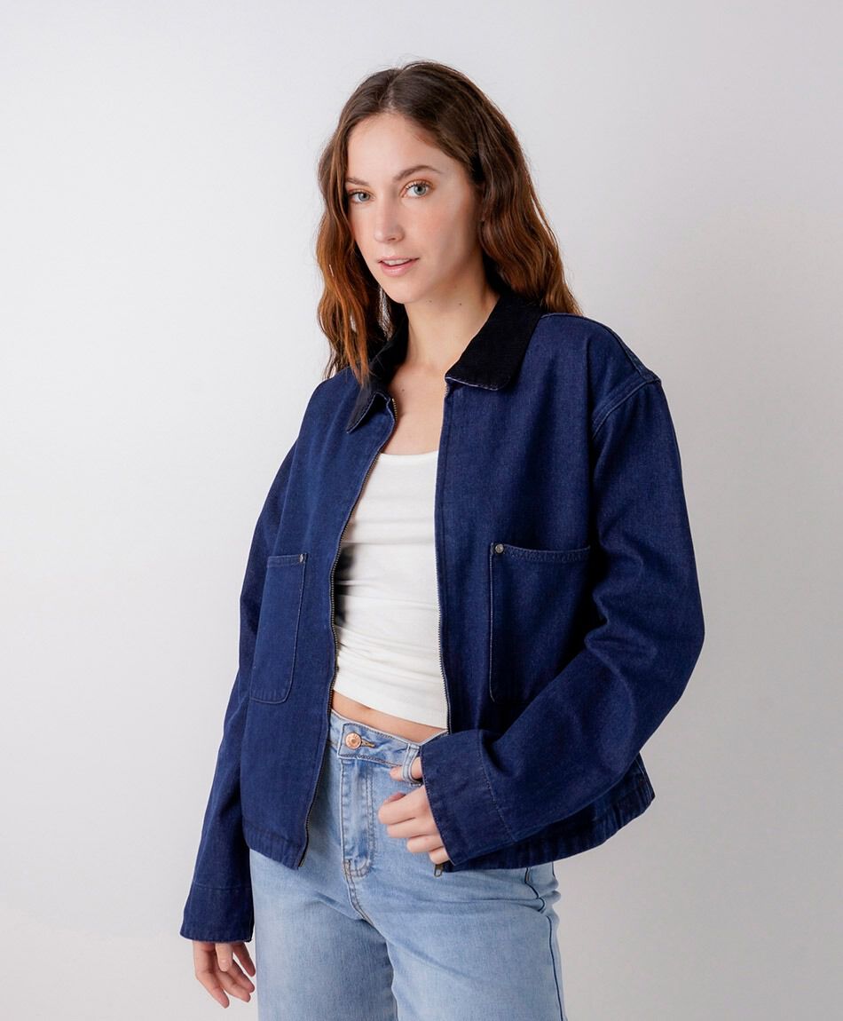 Campera mujer denim cuello corderoy