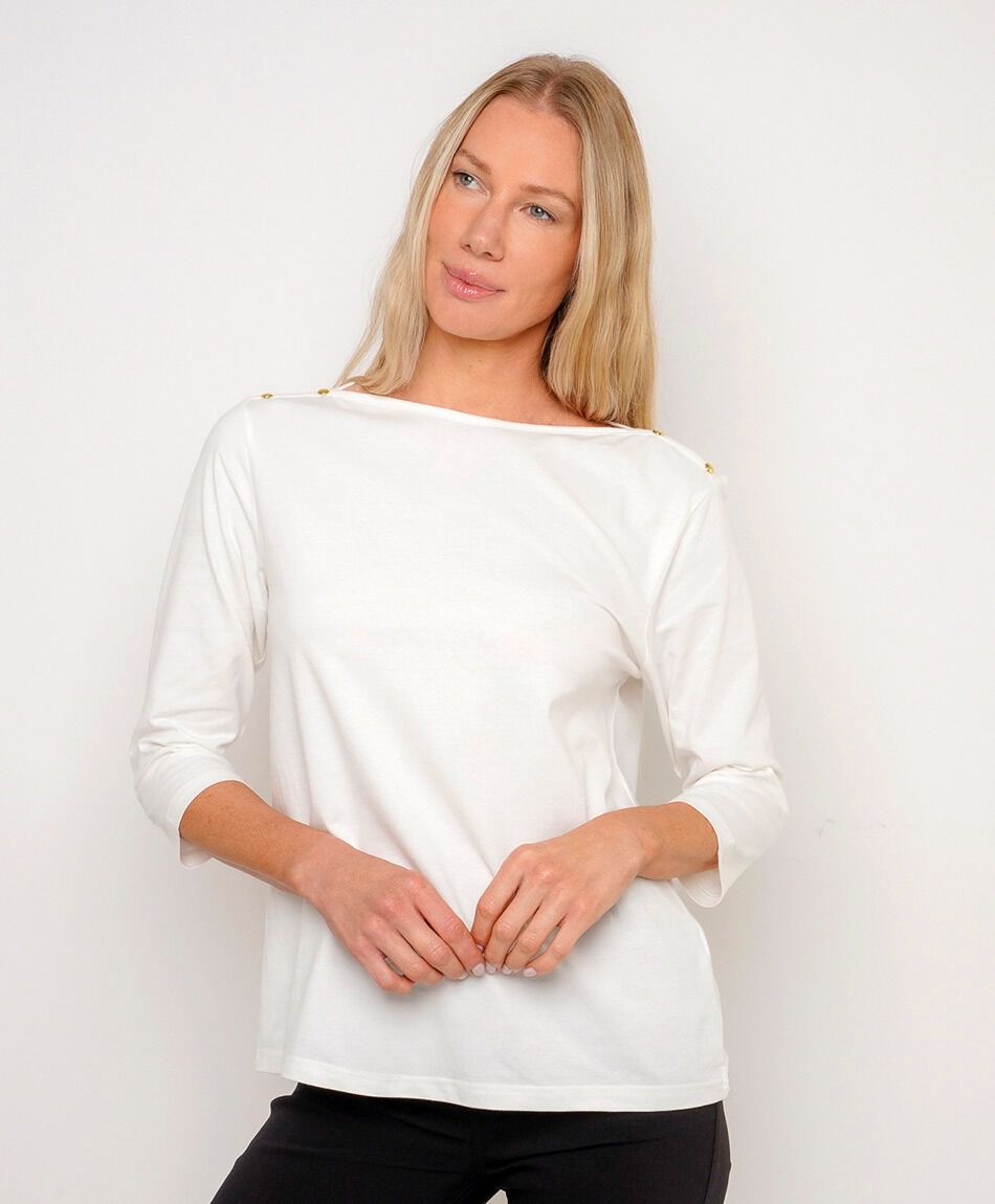 Polera mujer cuello bote botones blanca