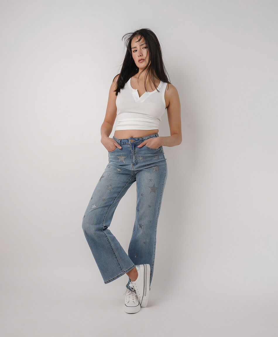 Jeans mujer wide leg estrellas brillantes