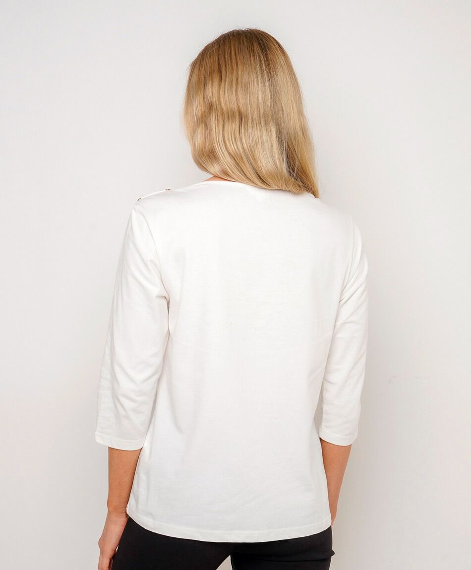 Polera mujer cuello bote botones blanca
