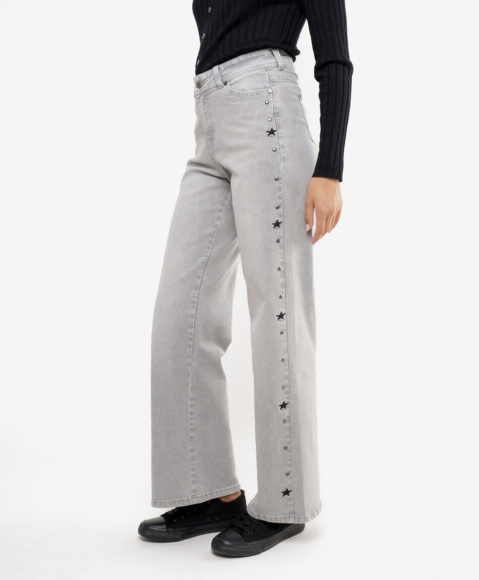Jeans mujer estrellas bordadas wide leg