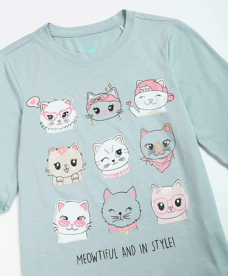 Polera ni&ntilde;a face cat verde