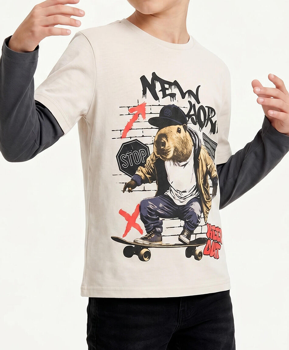 Remera ni&ntilde;o manga larga capibara skate