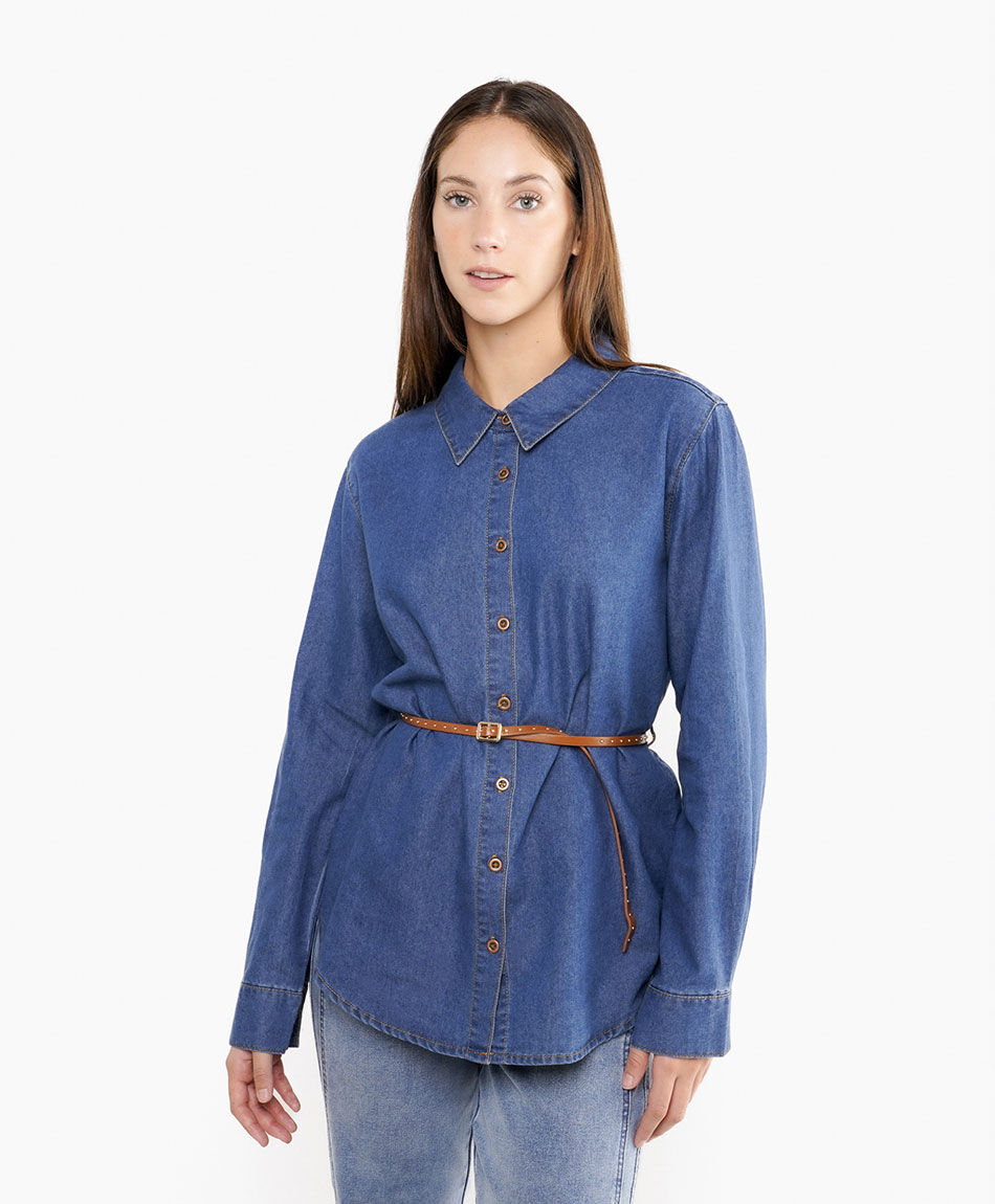 Camisa mujer denim broche caf&eacute;