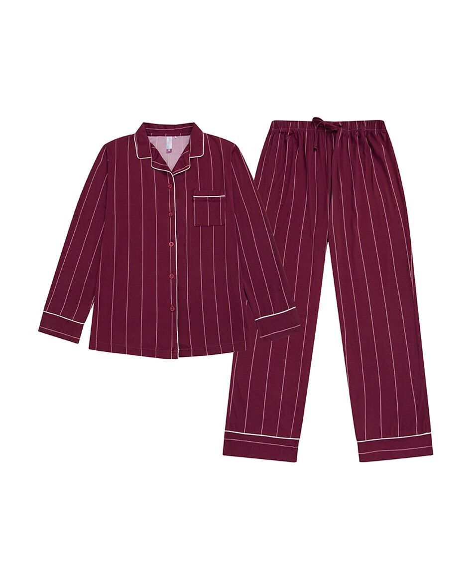 Pijama mujer camisero rayado burdeo