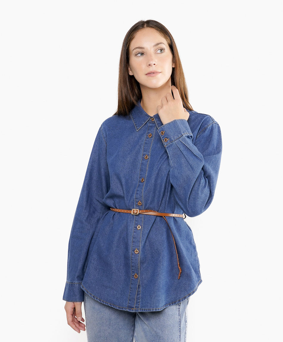 Camisa mujer denim broche caf&eacute;