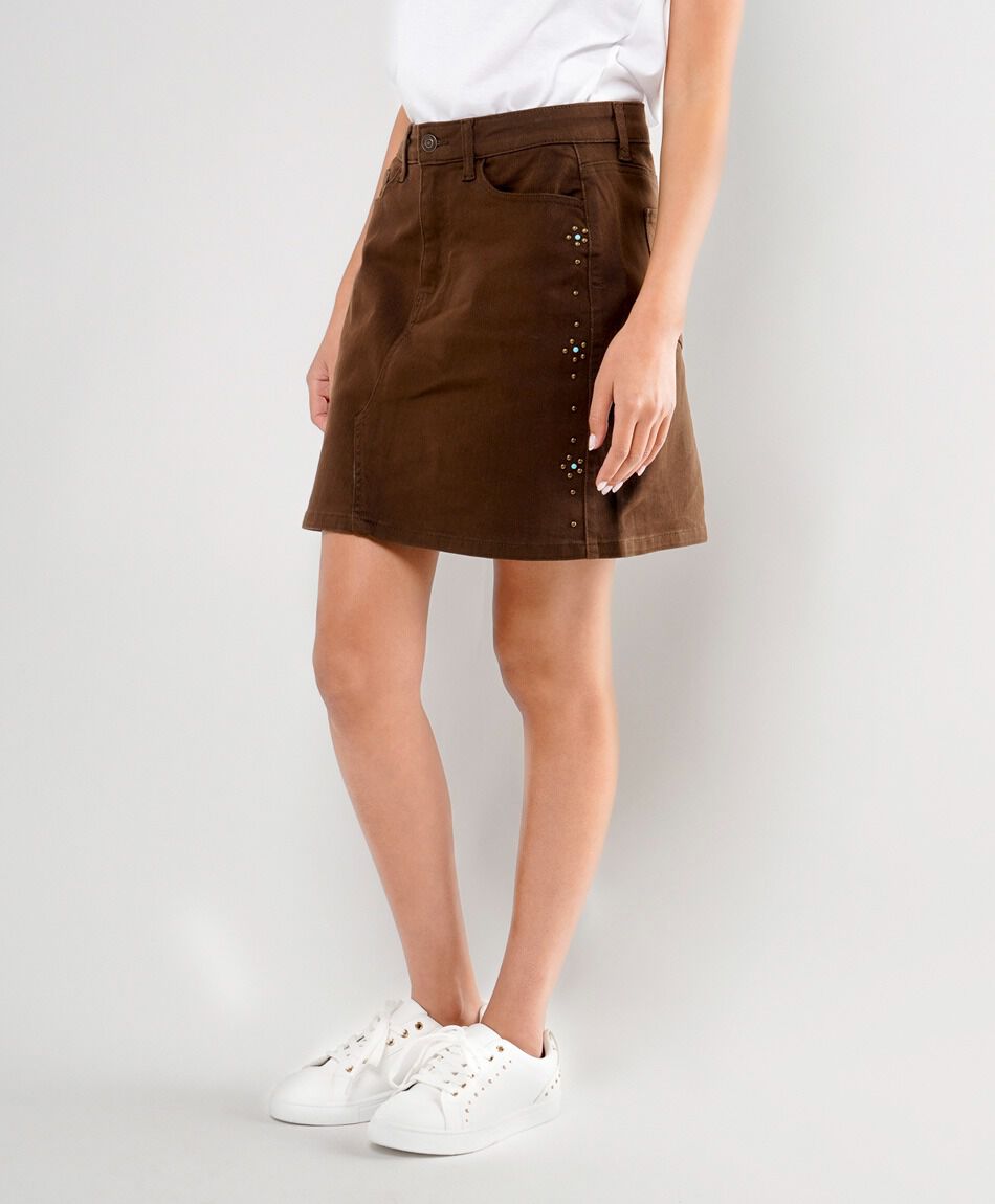 Pollera mujer denim caf&eacute; tachas