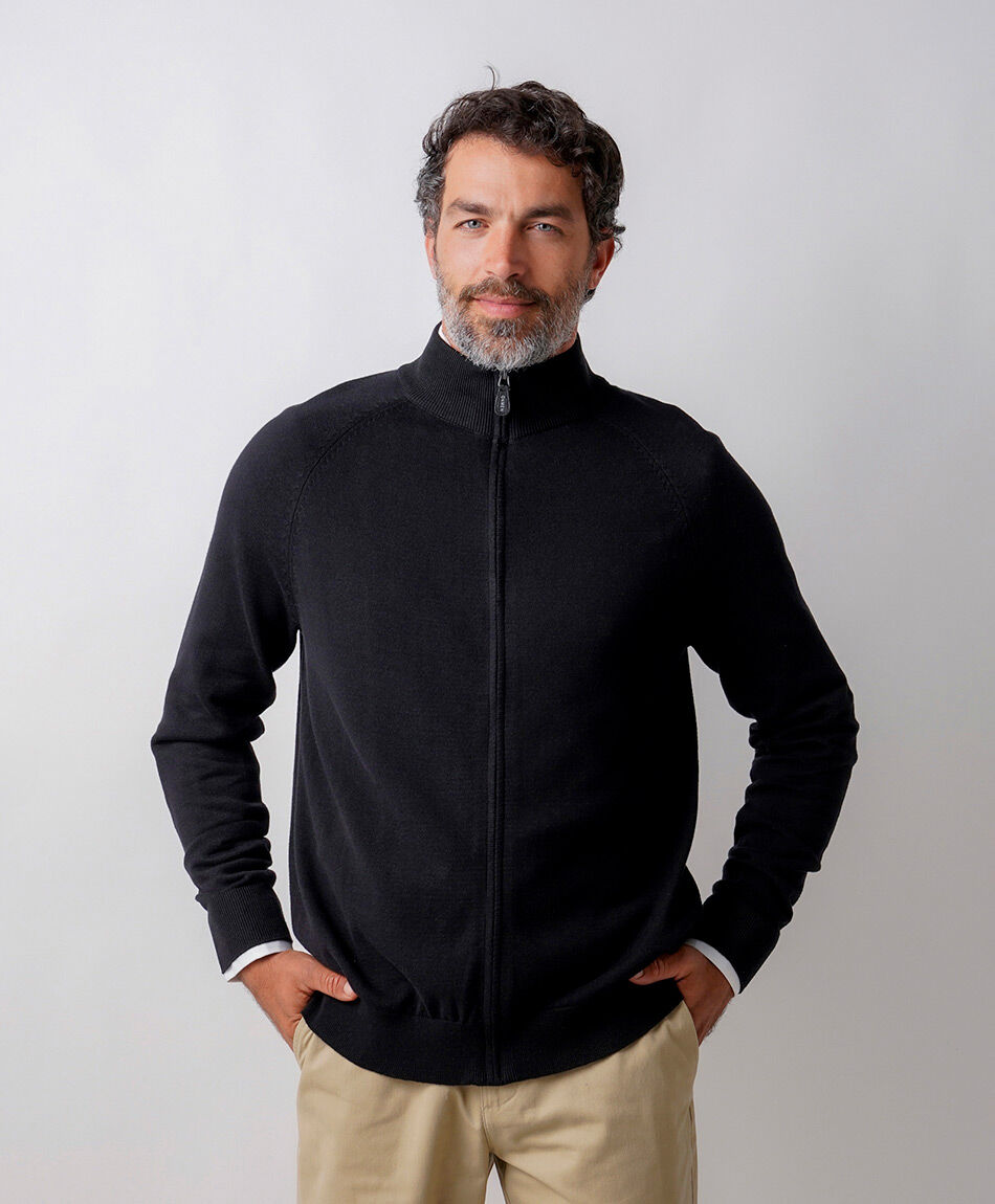 Sweater hombre liso negro cierre