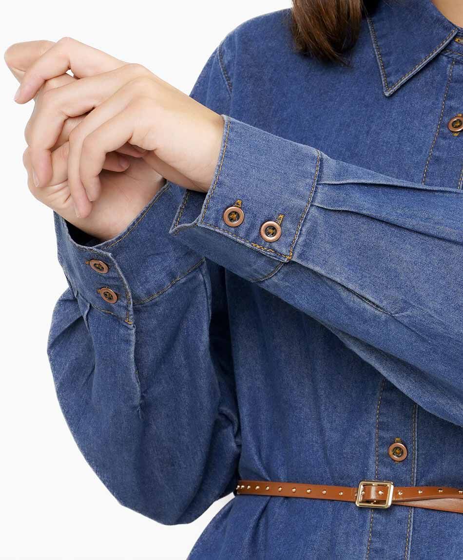 Camisa mujer denim broche caf&eacute;