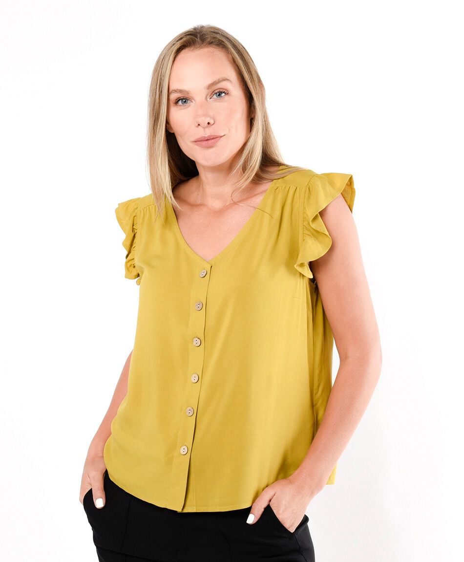 Camisa  mujer mini manga botones amarilla
