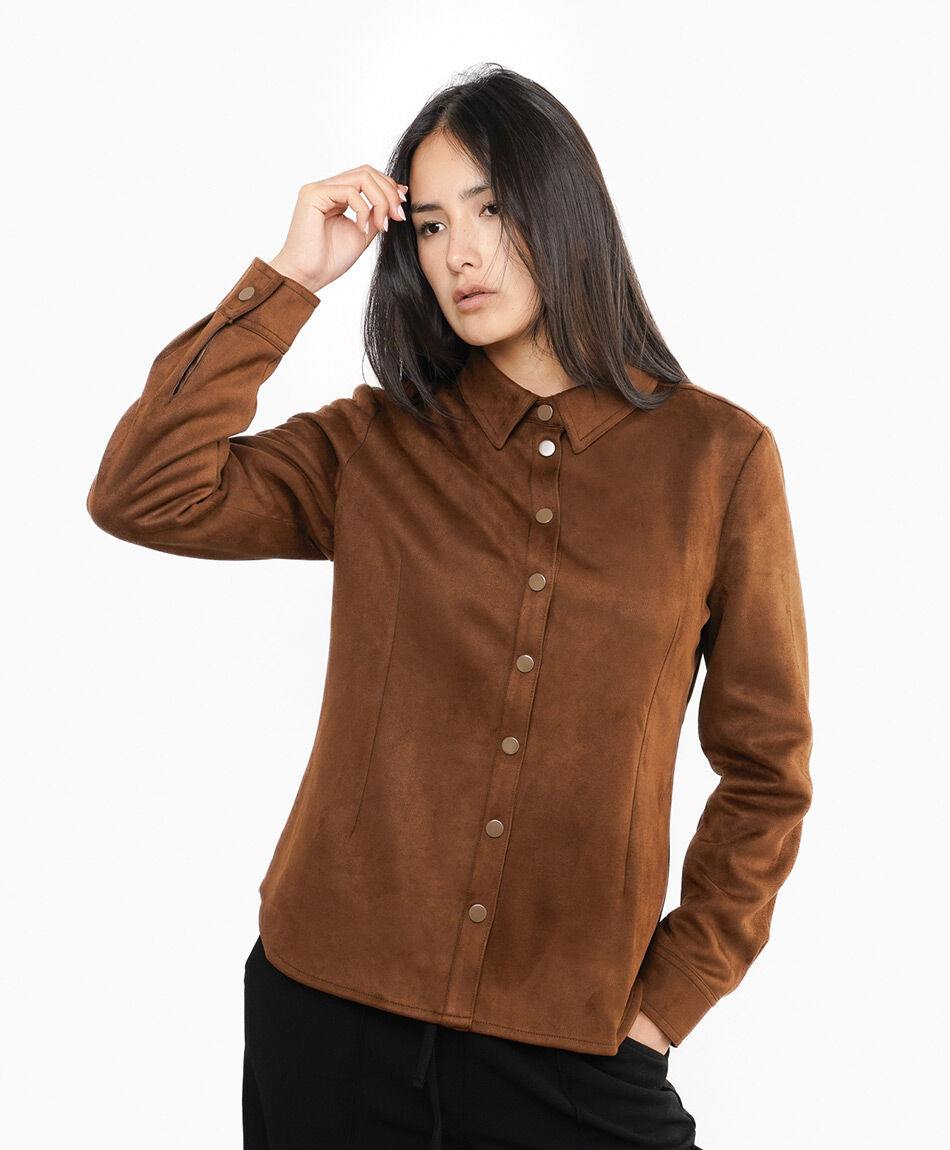 Chaqueta mujer textura aterciopelada caf&eacute;