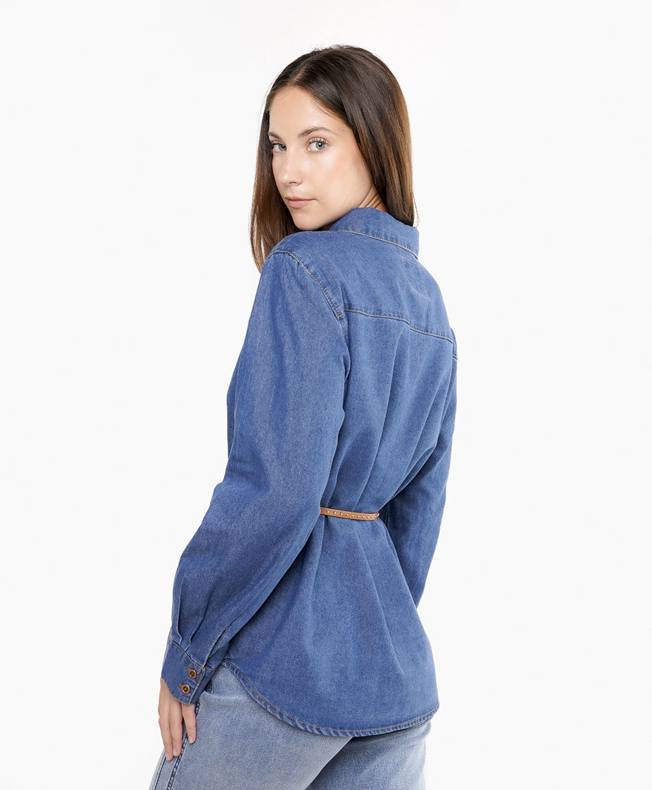 Camisa mujer denim broche caf&eacute;