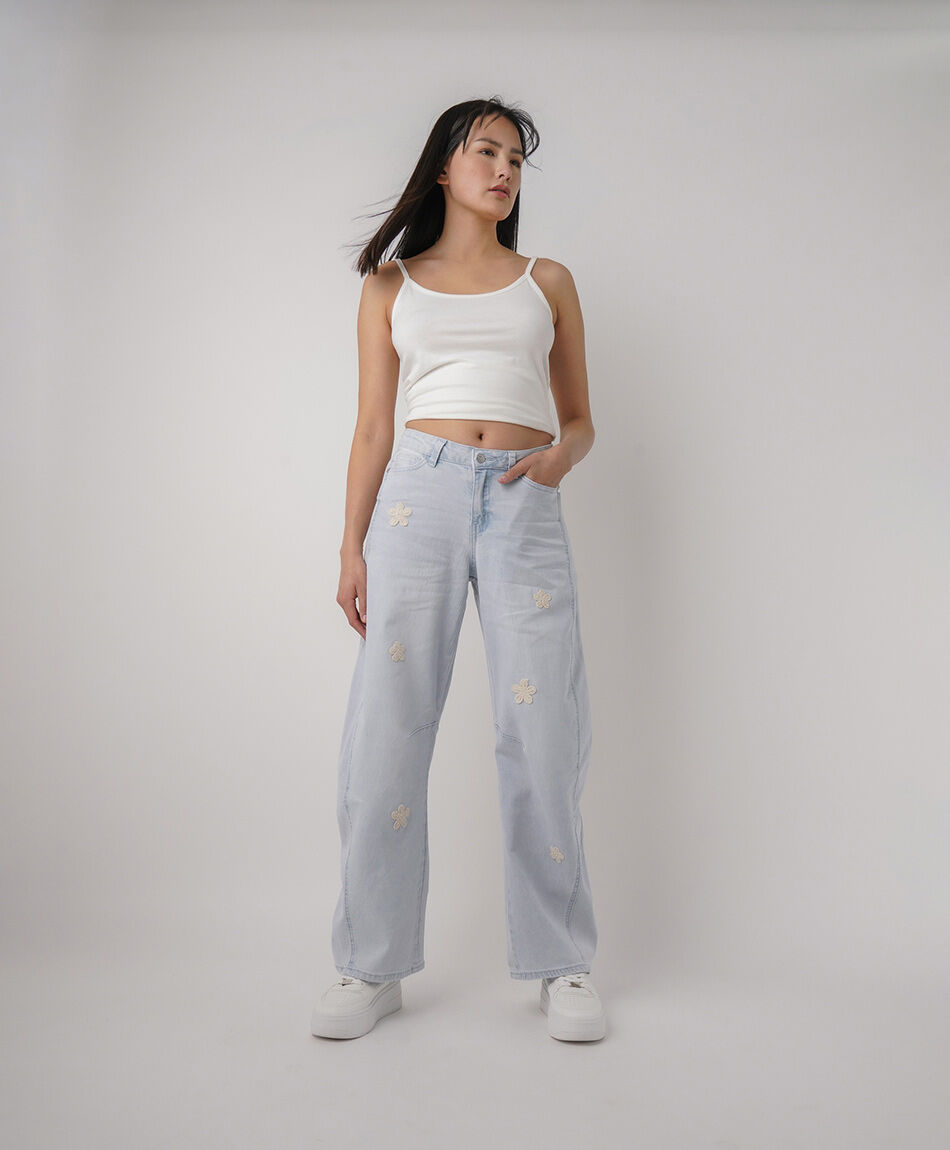 Jeans mujer wide leg flores crochet