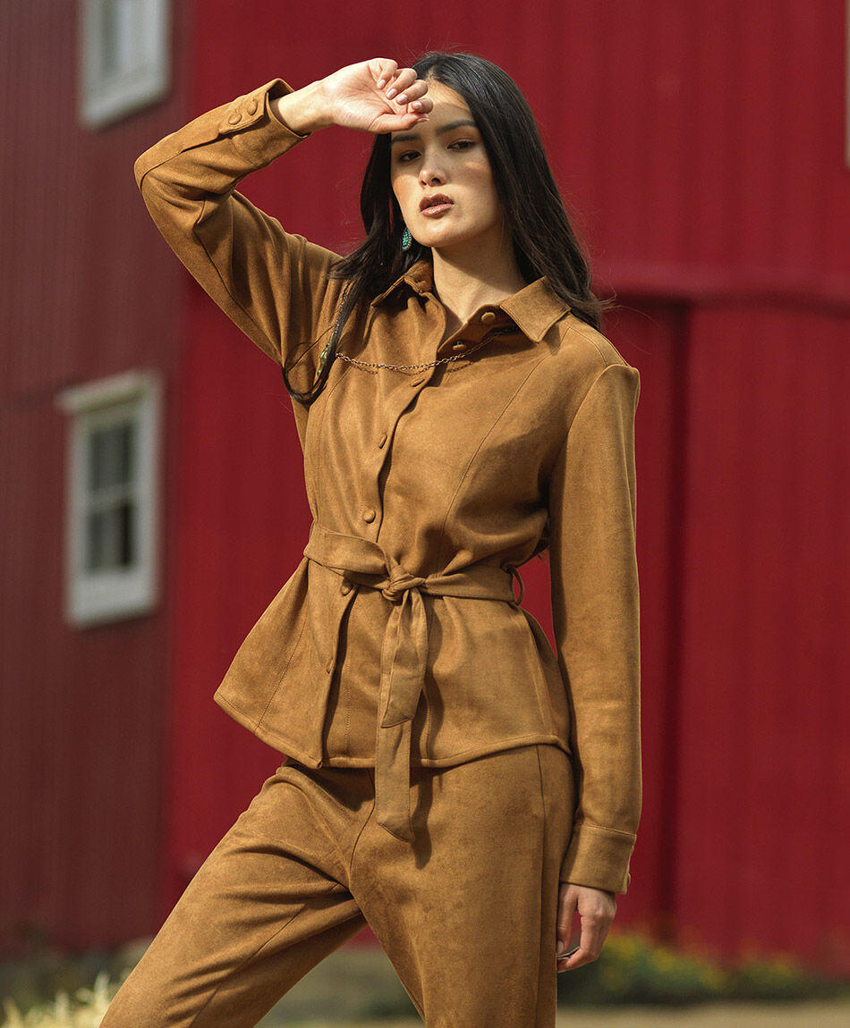 Chaqueta mujer lazo acinturado caf&eacute;