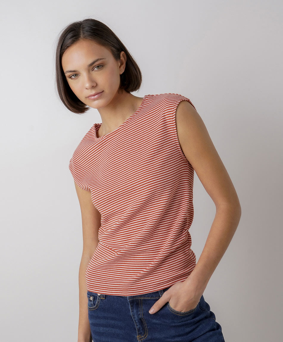 Remera mujer listada manga mini roja