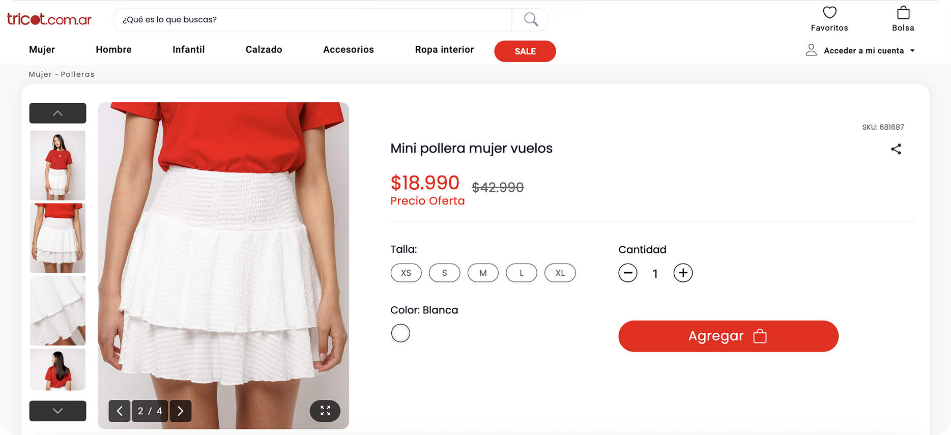 Captura de pantalla del producto con opciones de talla y el botón Agregar